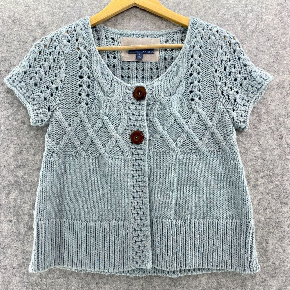 Kaisely Light Aqua Blue Wool Alpaca Short Sleeve Cardigan Sweater Women's Large